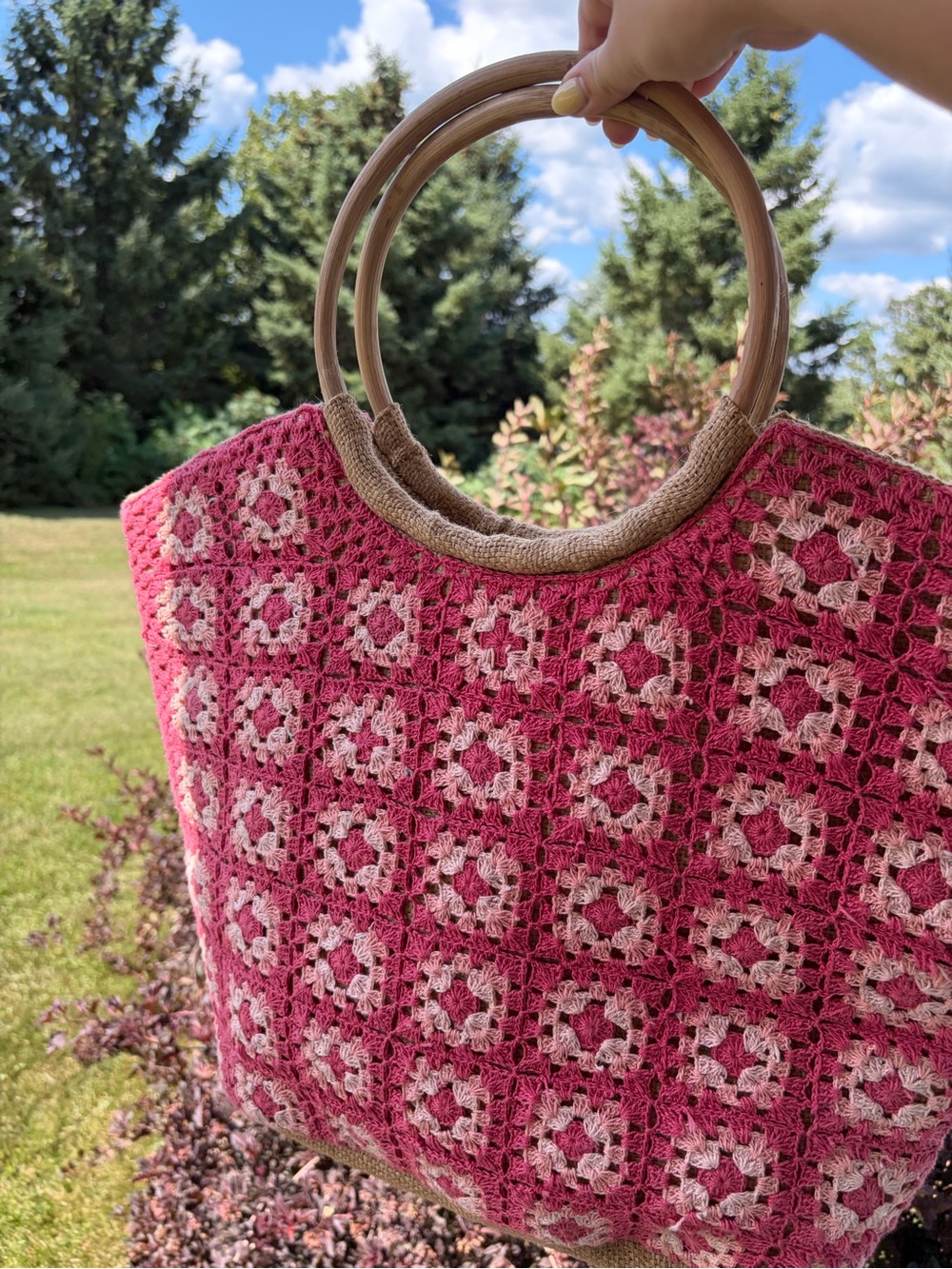 Siddarth pink crochet granny square boho bamboo circle handles tote bag purse